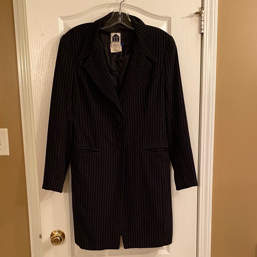 Classic Black Pinstripe Women's 100% Wool Long Blazer